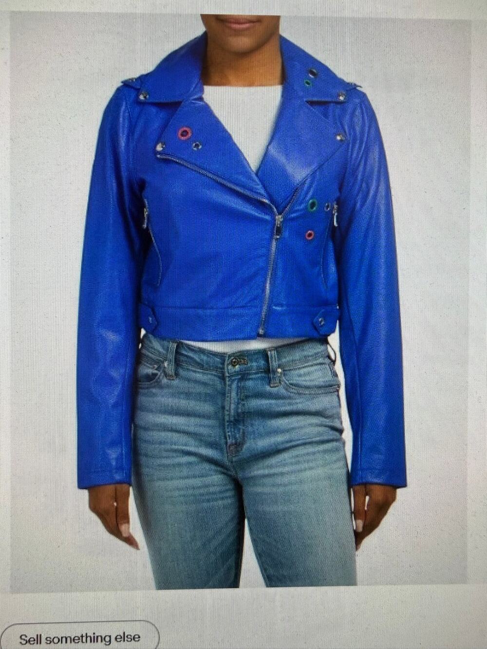 Women's Sam Edelman Faux Leather Blue Crop Moto Jacket Metal Circle Detail Sz M